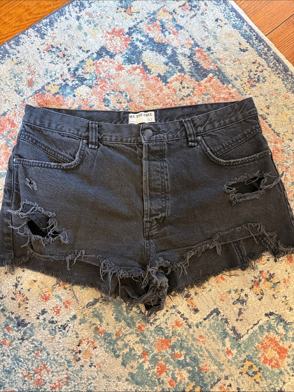 Free People Distressed Black Denim Shorts